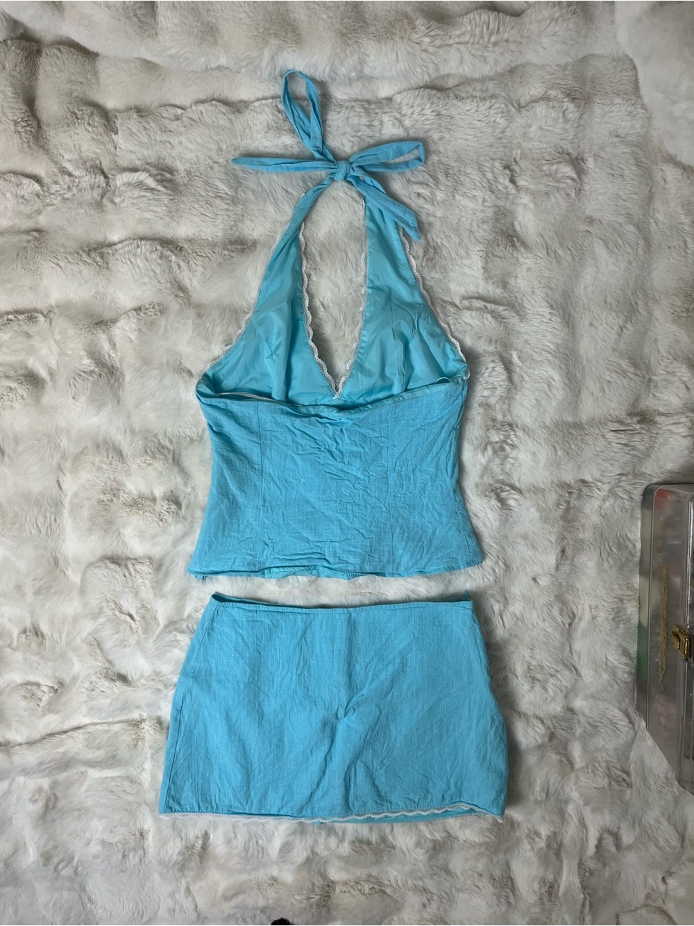 Princess Polly Light Blue Lace Trim Halter Top Mini Skirt Matching Co-ord Set 4 - Picture 10 of 11